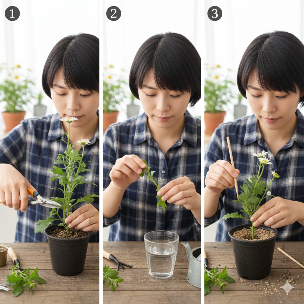 マーガレット いつ咲く　マーガレットの挿し木のやり方手順：挿し穂作りから土に挿すまでのステップ図解