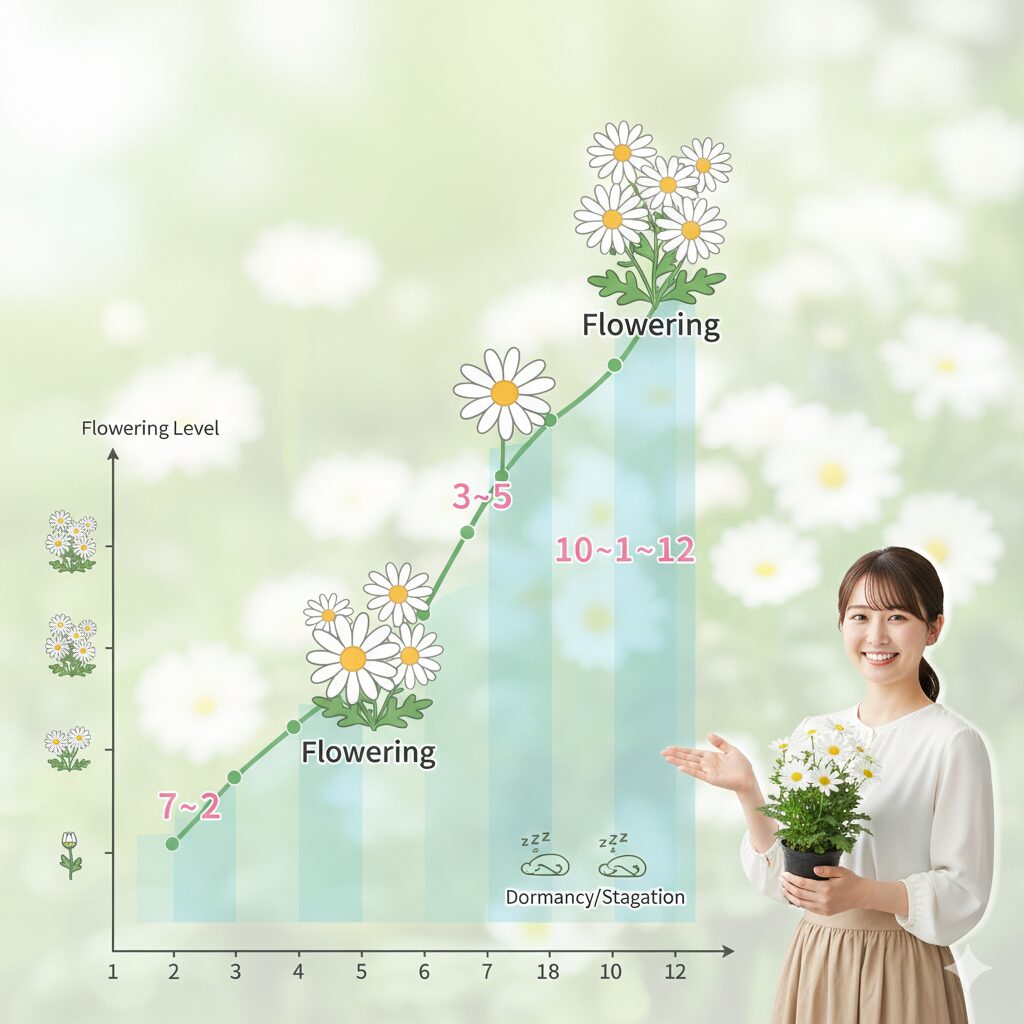 マーガレット いつ咲く　マーガレットの開花時期（春と秋）と休眠期（夏と冬）を示す年間カレンダーの図解