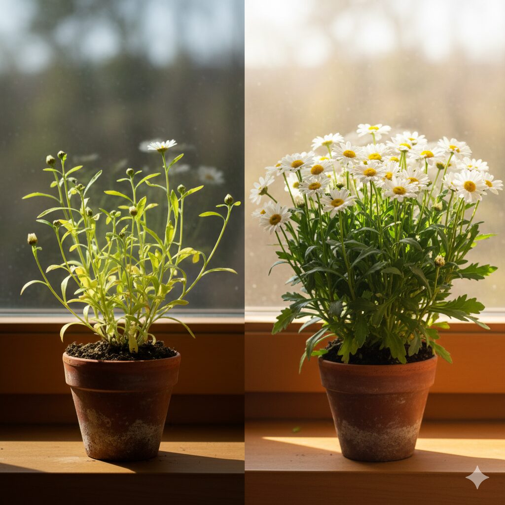 マーガレット いつ咲く　日照不足で茎が伸びた徒長したマーガレットと健康な株の比較イラスト