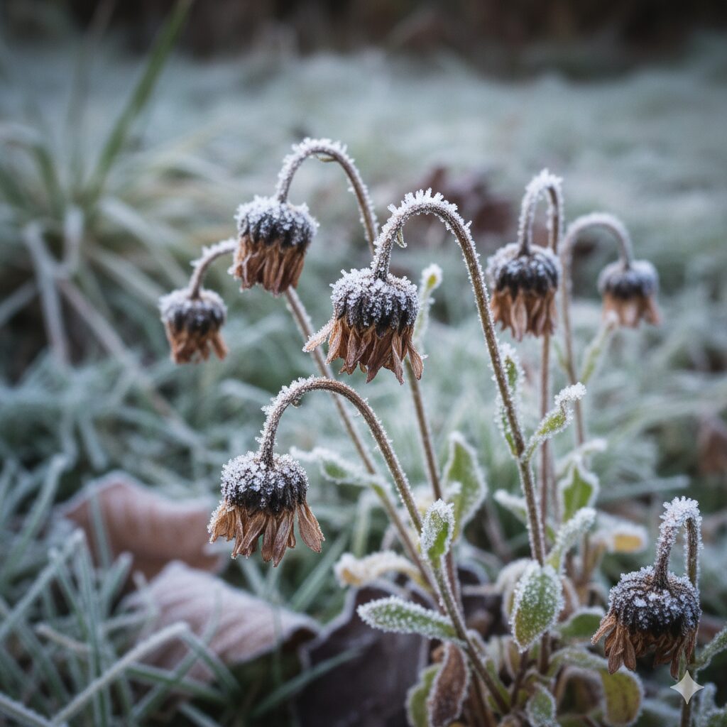 マーガレット いつ咲く　寒さや霜の被害で茶色く変色し枯れてしまったマーガレットの蕾（ブラインド）