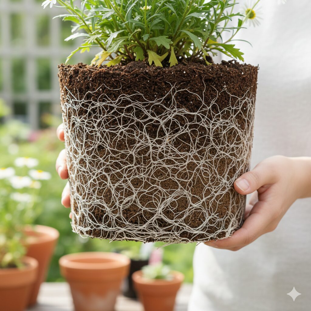 マーガレット いつ咲く　鉢植えマーガレットの植え替え時期を示す、根が鉢の形に回った根詰まりの状態