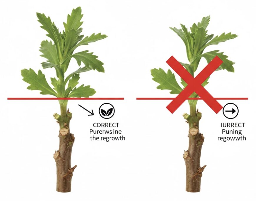 マーガレット いつ咲く　マーガレットの切り戻し剪定のコツ：木質化した部分ではなく緑の葉を残して切る位置の図解