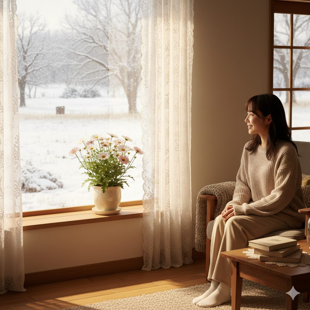 マーガレット いつ咲く　寒冷地での冬越し対策：室内の日当たりの良い窓辺に置かれたマーガレット