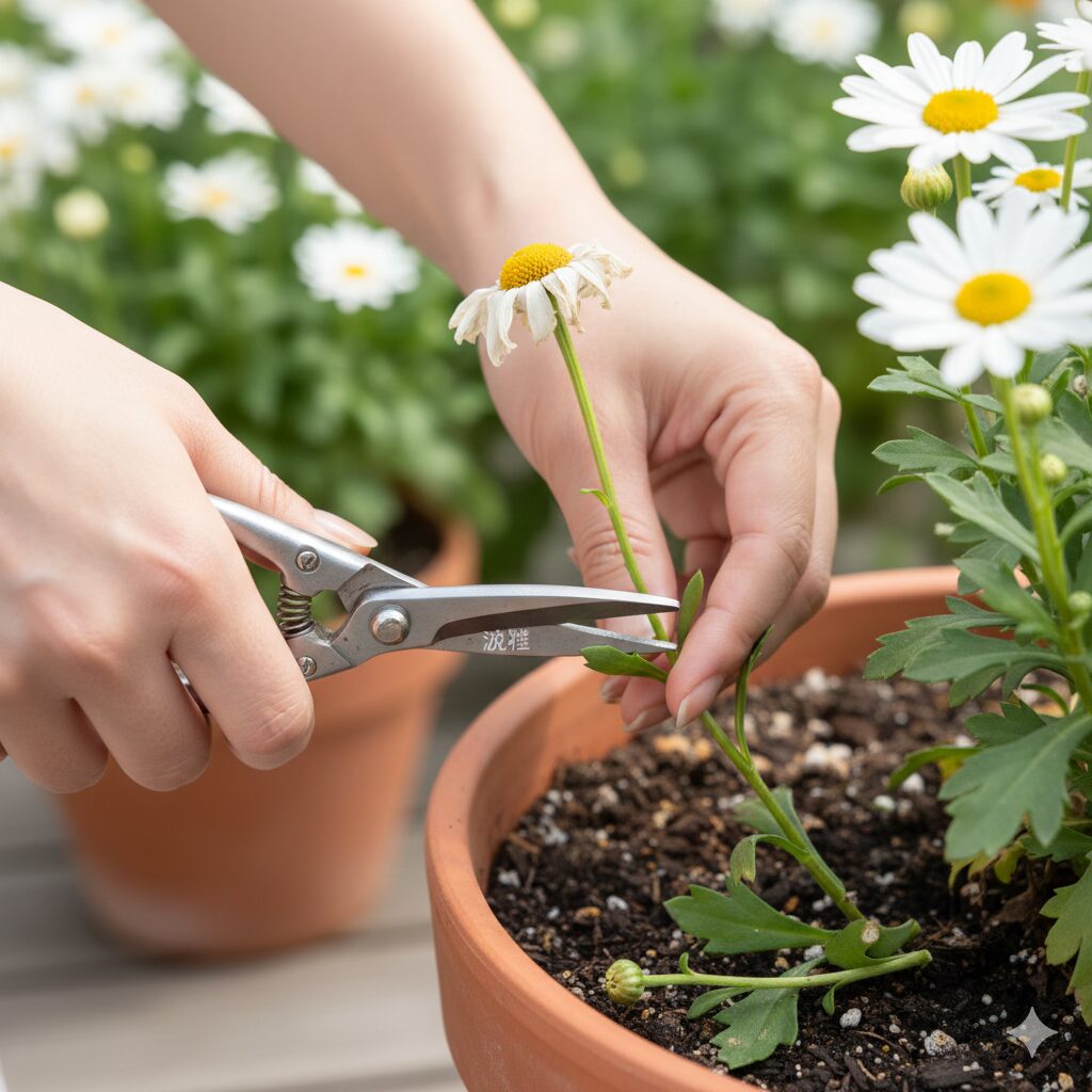 マーガレット いつ咲く　マーガレットの花殻摘みの方法：花だけではなく花茎の付け根から切り取る様子