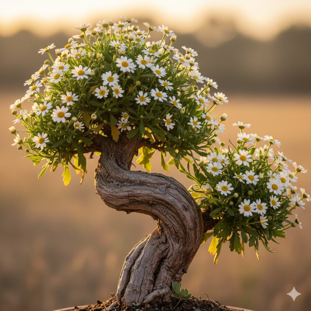 マーガレット 木質化したら　年月を経て幹が太く荒れ、盆栽のような独特の風格と美しさを持つ古株のマーガレット。