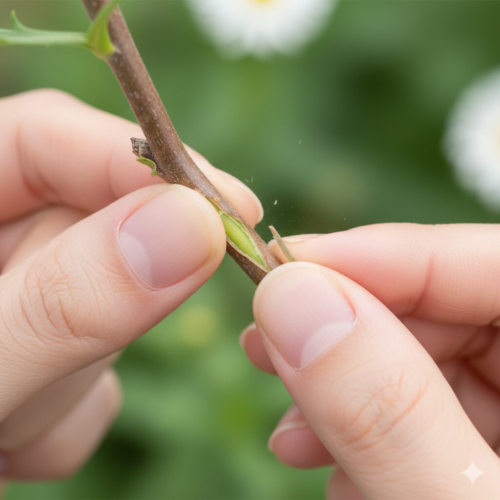 マーガレット 木質化したら　マーガレットの茎の生死を確認するスクラッチテスト。皮下の鮮やかな緑色の形成層が見えている。