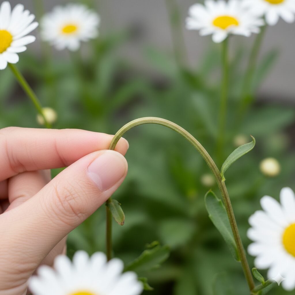マーガレット 木質化したら　マーガレットの茎の弾力性テスト。生きている茎は曲げても折れずにしなる様子。