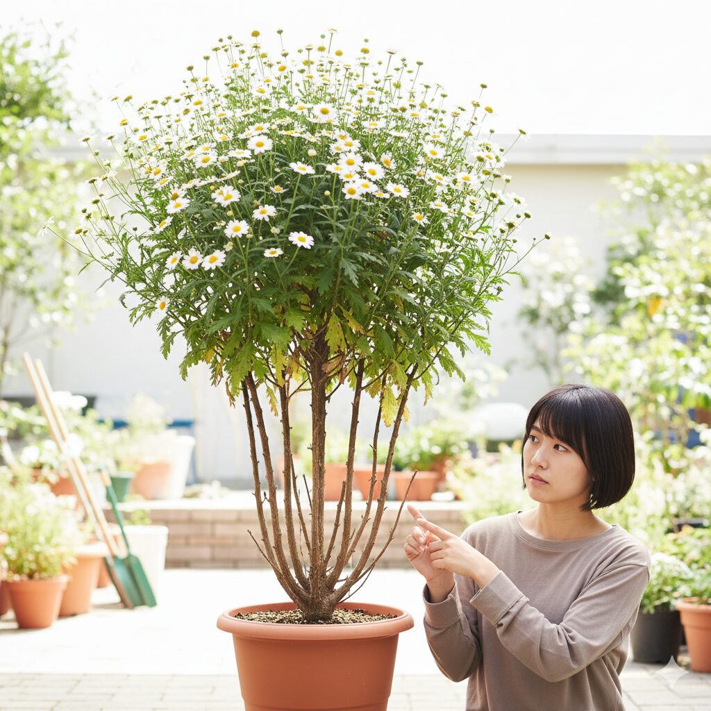 マーガレット 木質化したら　木質化が進んで株元の葉がなくなり、茎が露出してスカスカになったマーガレットの状態。