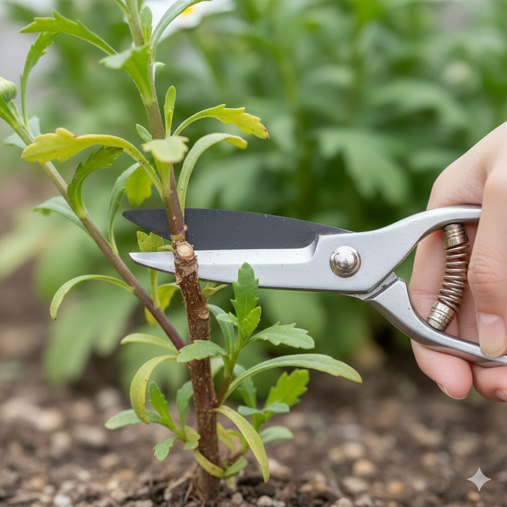 マーガレット 木質化したら　マーガレットの再生剪定における正しい切断位置。必ず緑色の葉を残してハサミを入れる様子。