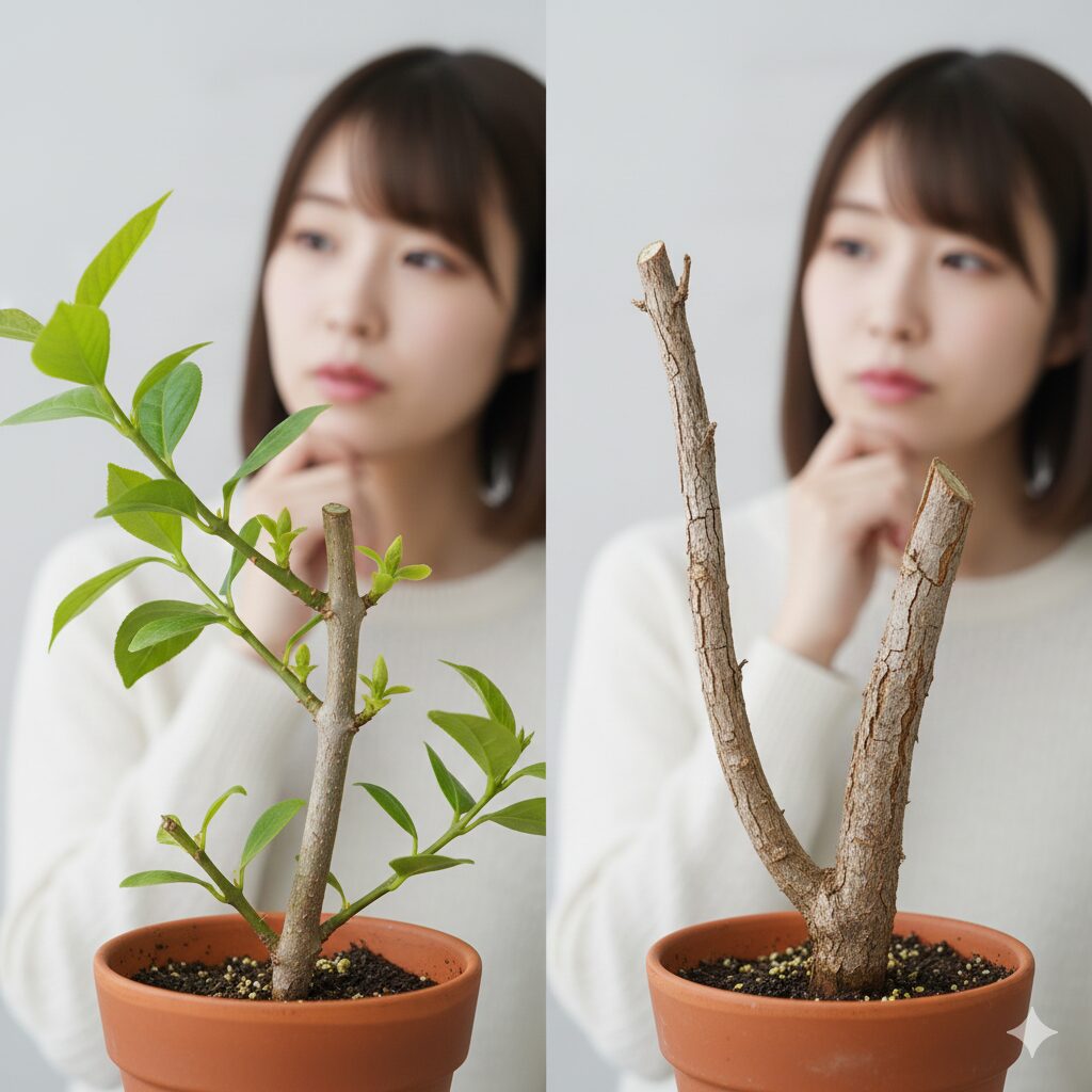 マーガレット 木質化したら　マーガレットの剪定成功例と失敗例の比較。葉を残さず丸坊主にすると枯死するリスクがある。