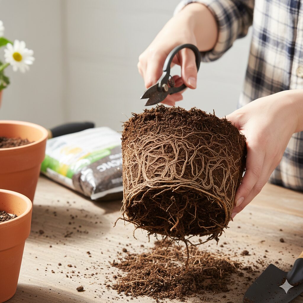 マーガレット 木質化したら　鉢から抜いたマーガレットの老化した根。茶色く根詰まりしており、リフレッシュが必要な状態。