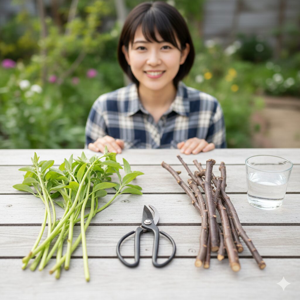 マーガレット 木質化したら　マーガレットの挿し木に適した茎の比較。茶色い茎ではなく、先端の若く緑色の茎（ソフトウッド）を選ぶ。