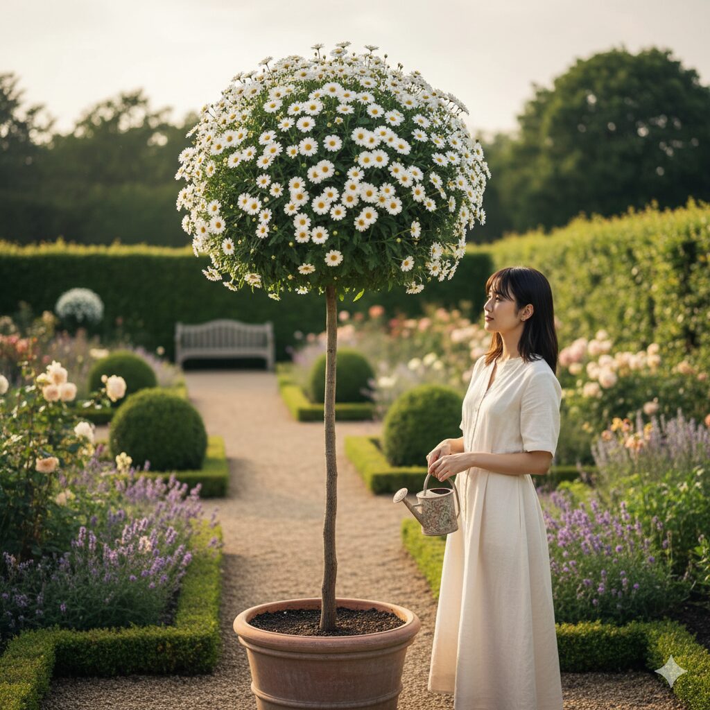 マーガレット 木質化したら　木質化した太い茎を利用して、トピアリーのように丸くおしゃれに仕立てたマーガレットのスタンダード作り。
