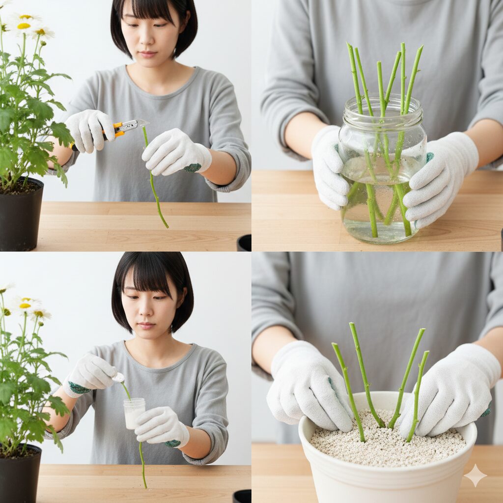 マーガレット 植えっぱなし　マーガレットの挿し木の手順を示す作業写真。穂木の調整から用土への植え付けまでの様子。