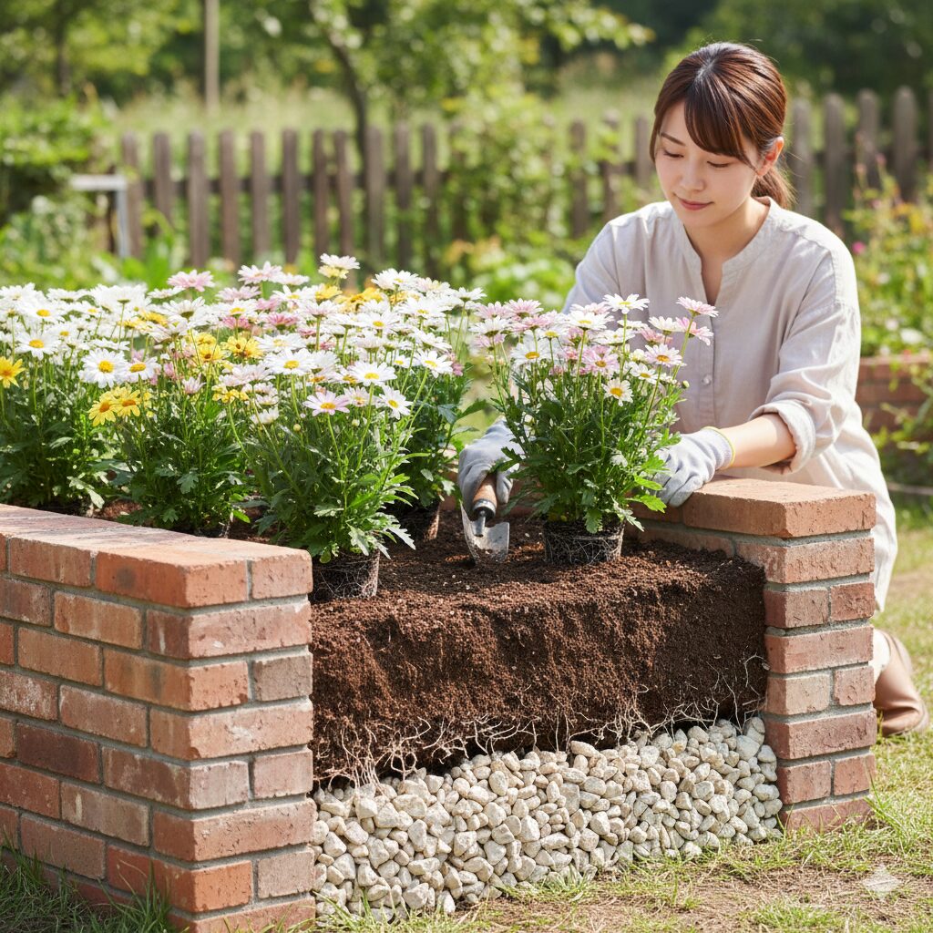 マーガレット 植えっぱなし　マーガレットの排水対策として設置されたレンガ造りのレイズドベッド（高畝）。水はけの良い環境作りの例。