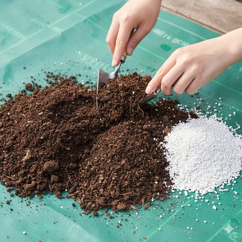 マーガレット 植えっぱなし　マーガレットの地植えに適した土の配合割合を示す写真。腐葉土とパーライトを混ぜ合わせている様子。