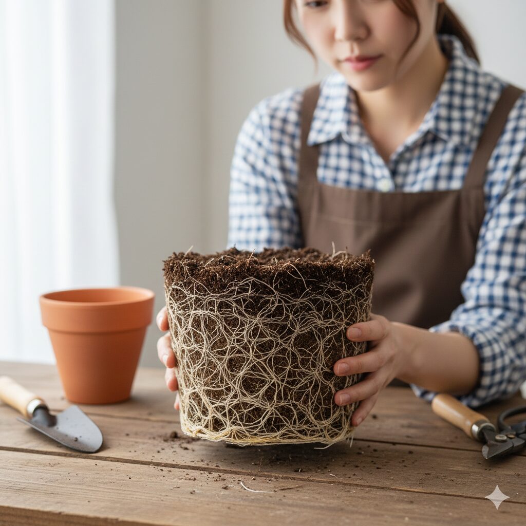 マーガレット 植えっぱなし　鉢植えマーガレットの根詰まり（サークリング）の状態。鉢から抜いた根鉢が白く固まっている様子。