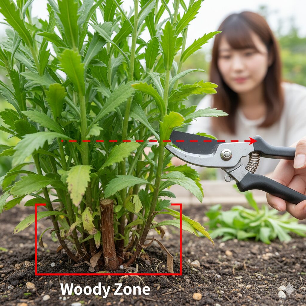 マーガレット 植えっぱなし　マーガレットの剪定位置を示す図解写真。木質化した部分ではなく、必ず緑色の葉を残す「グリーンゾーン」で切ることを説明。