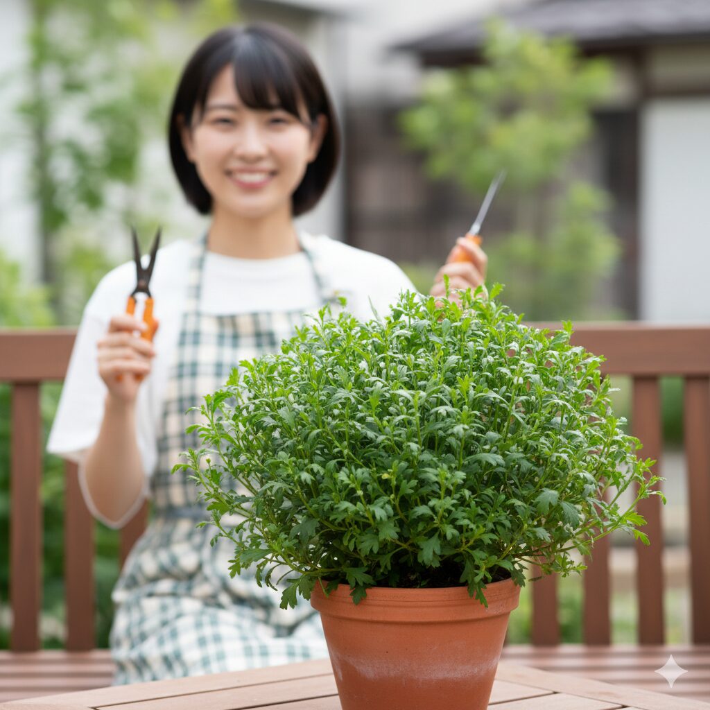 マーガレット 植えっぱなし　梅雨前に行われたマーガレットの切り戻し剪定後の様子。風通し良くコンパクトに整えられた株。