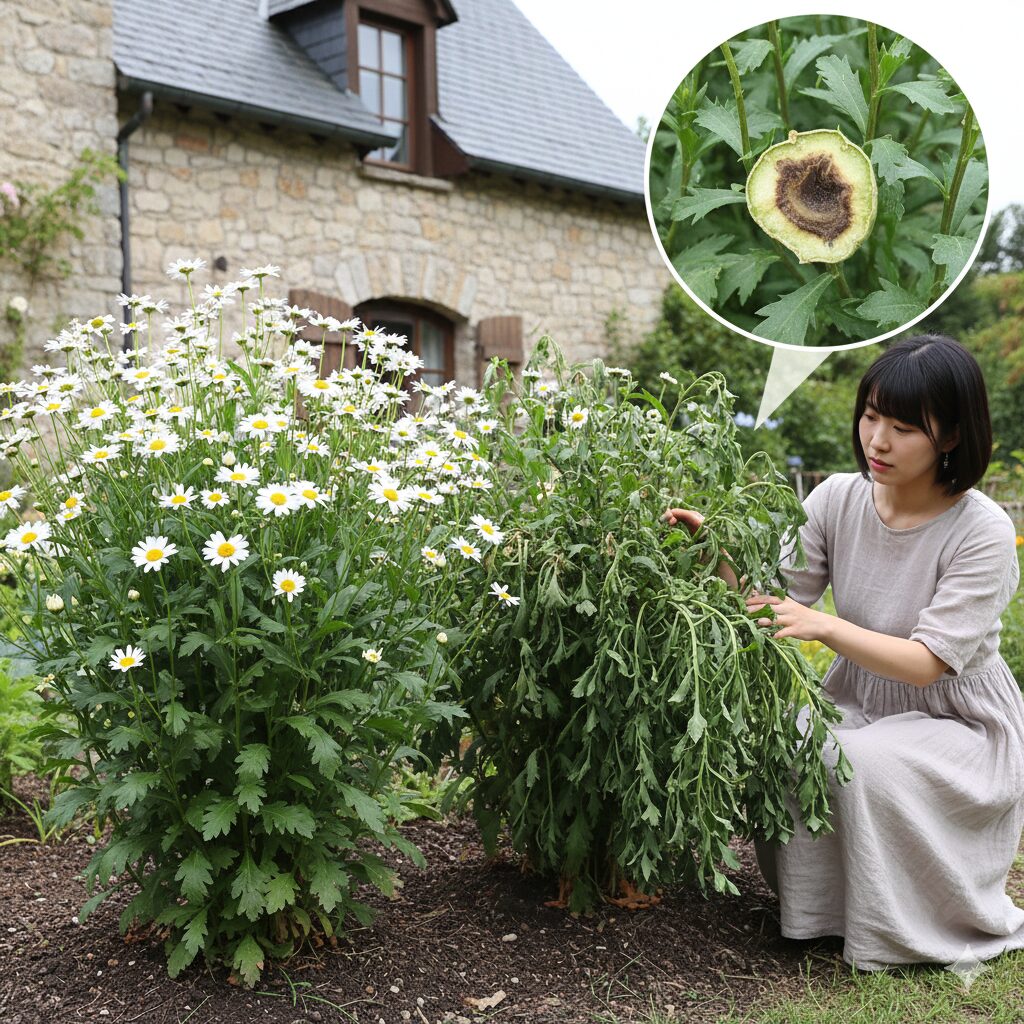 マーガレット 植えっぱなし　立ち枯れ病（青枯れ）にかかり、緑色のまま萎れてしまったマーガレットの株の症状。
