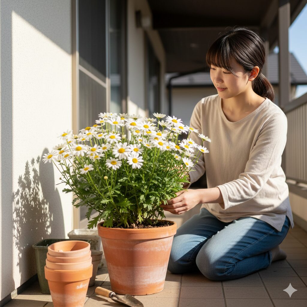 マーガレット 植え替え時期　夏越しや冬越しのために軒下の明るい日陰で管理されるマーガレットの鉢植え