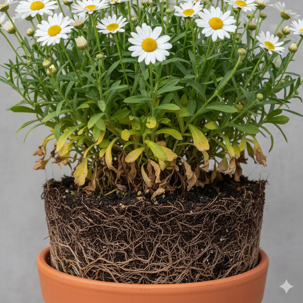 マーガレット 植え替え時期　マーガレットの根詰まりのサインである下葉の黄変と枯れ上がり