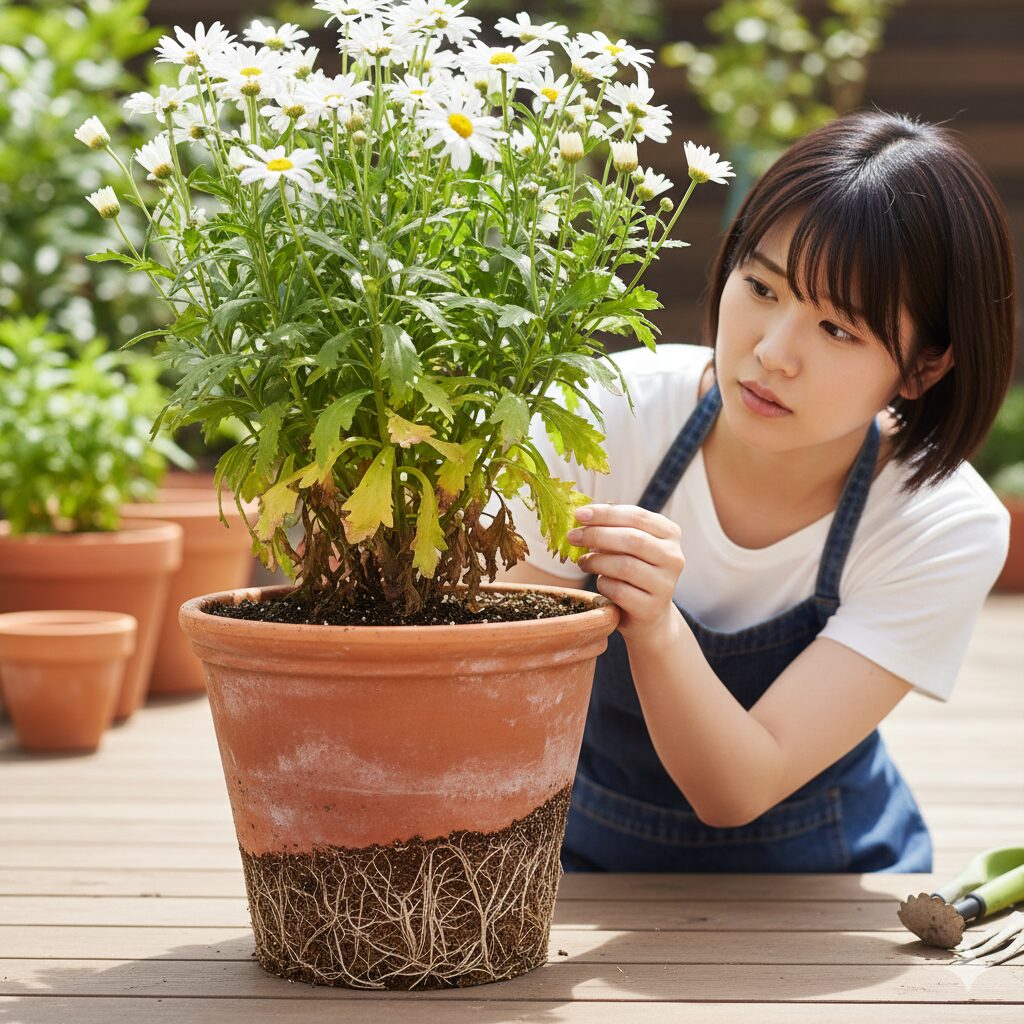 マーガレット 植え替え時期　鉢の中で根が回りすぎて固まったマーガレットの根詰まり（サークリング現象）