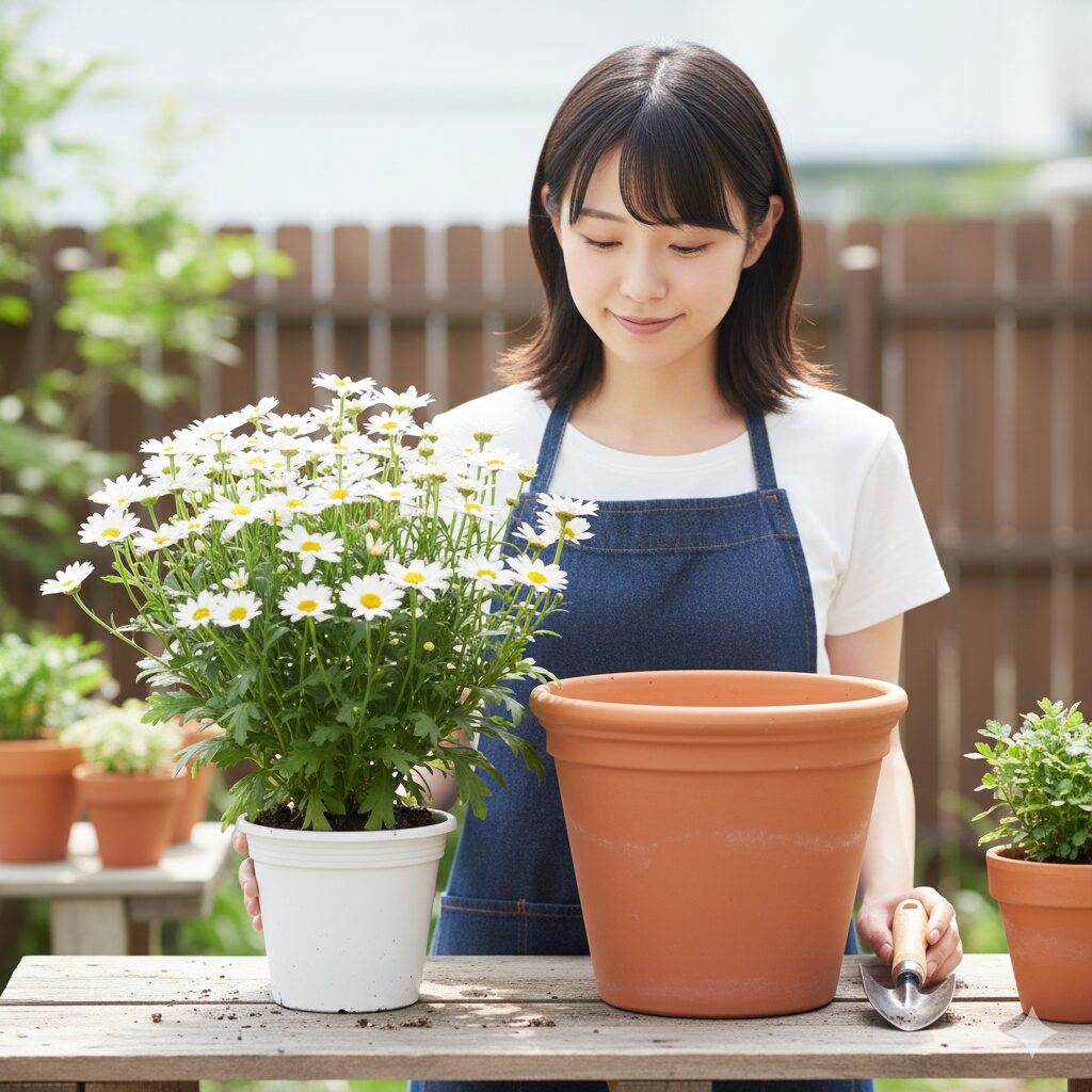マーガレット 植え替え時期　マーガレットの植え替え（鉢増し）に適した一回り大きな新しい鉢のサイズ比較