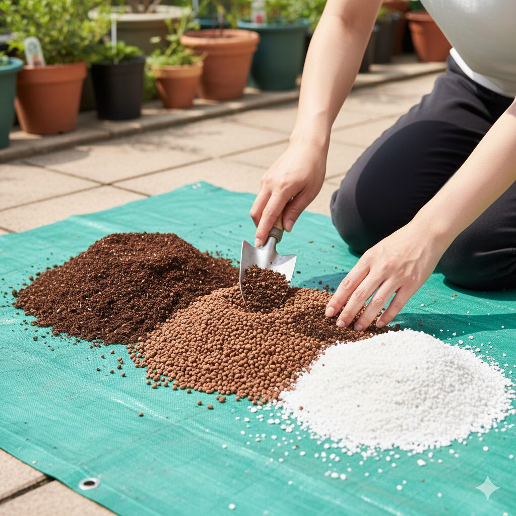 マーガレット 植え替え時期　マーガレット用に水はけを良くするための培養土、赤玉土、パーライトの配合ブレンド