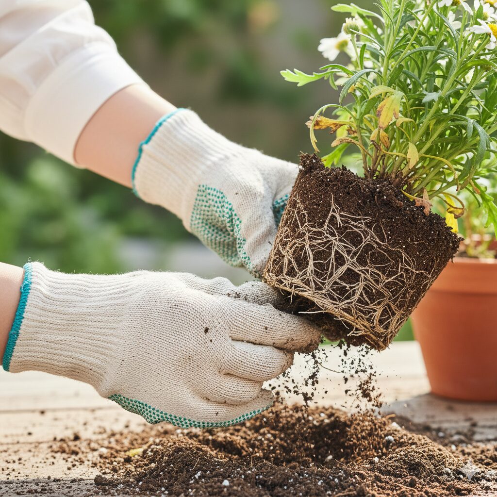 マーガレット 植え替え時期　植え替え時にマーガレットの固まった根鉢を優しくほぐして土を落とす手順