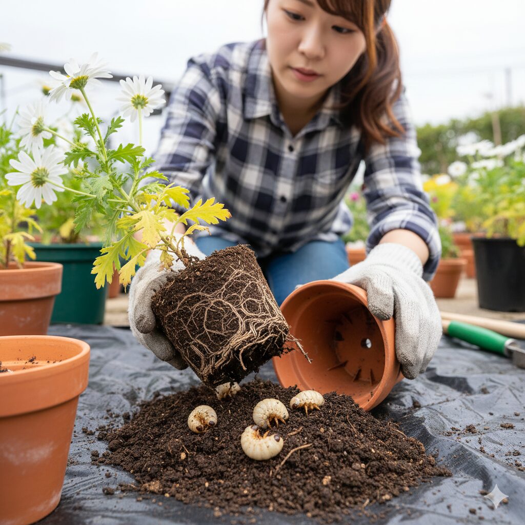 マーガレット 植え替え時期　マーガレットの根を食害するコガネムシの幼虫（ネキリムシ）と被害を受けた根