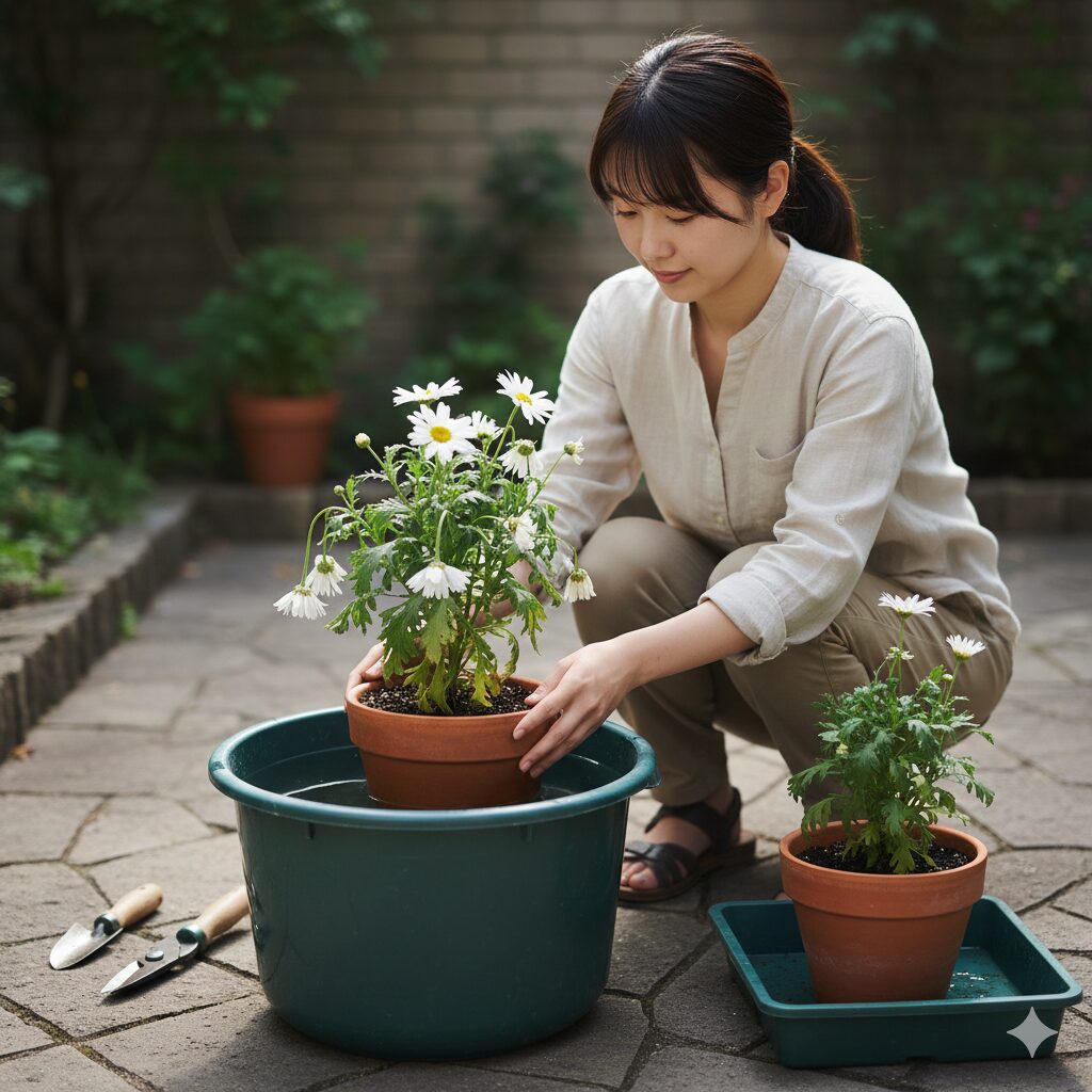 マーガレット 植え替え時期　植え替え後にしおれたマーガレットを復活させるための腰水（底面吸水）による水揚げ