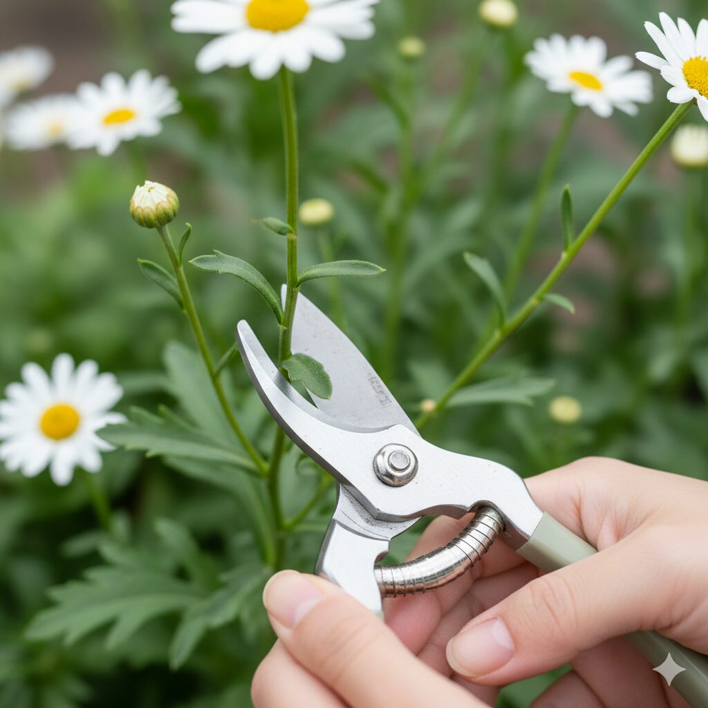 マーガレット 植え替え時期　葉を残して茎をカットするマーガレットの正しい切り戻し（剪定）の位置