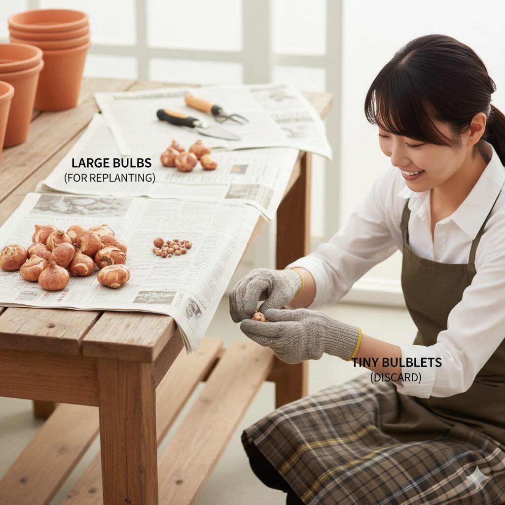 ムスカリ 増えすぎ　来年の開花用に残す大きな球根と廃棄処分する小さな子球の選別基準