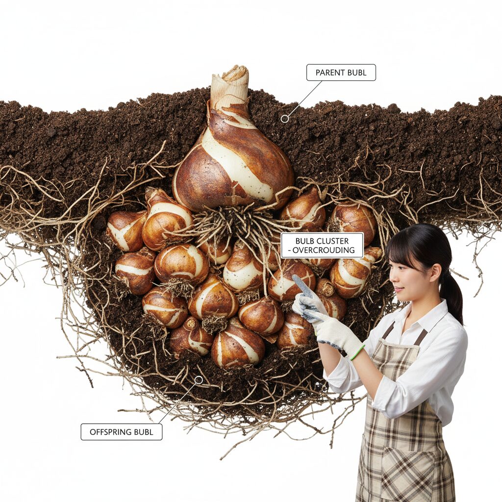 ムスカリ 増えすぎ　地中で親球根の周りに無数の子球がつき過密状態になったムスカリの分球の様子