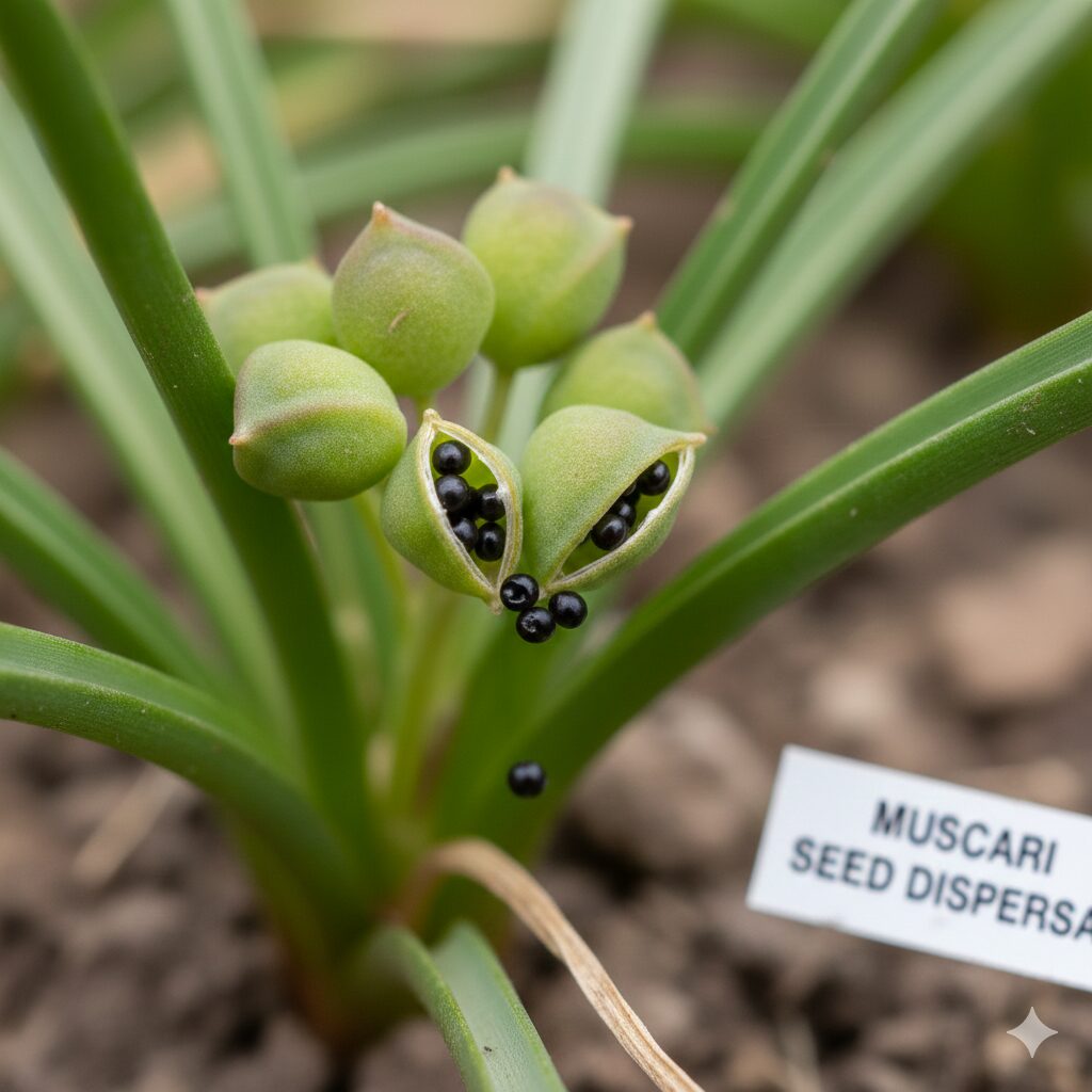 ムスカリ 増えすぎ　こぼれ種の原因となるムスカリの熟した種子鞘と散らばる黒い種子