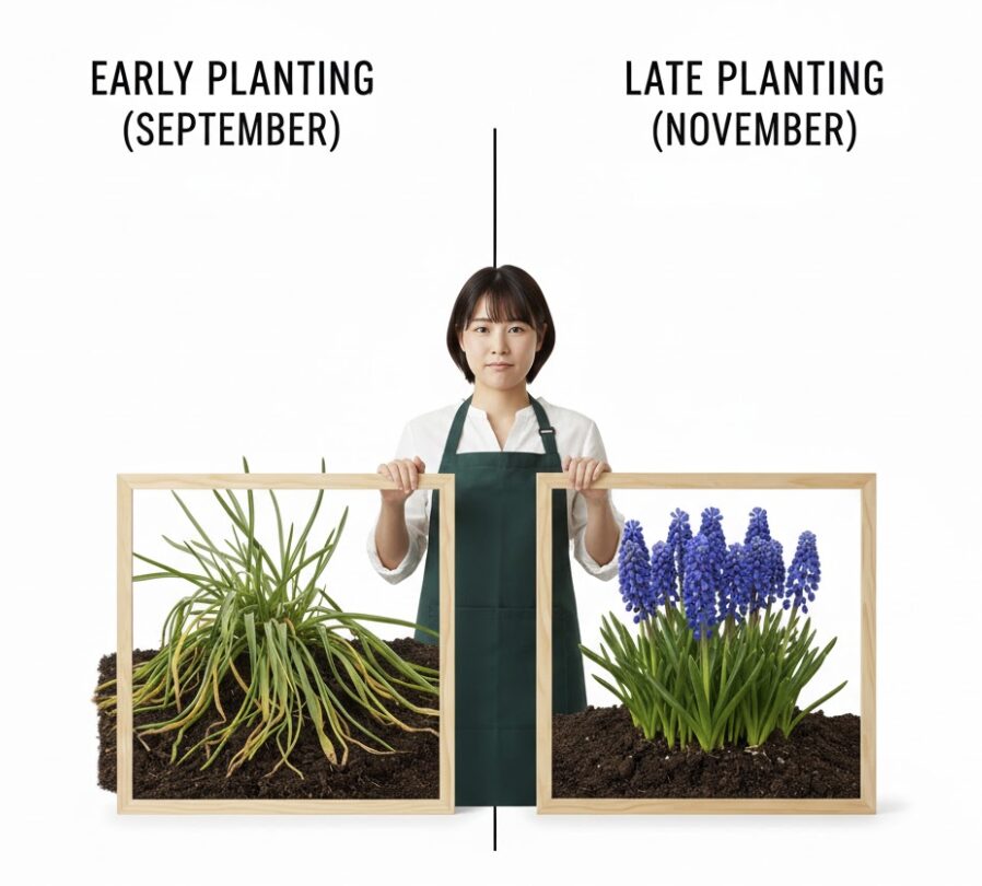 ムスカリ 増えすぎ　早植えで葉が徒長したムスカリと遅植えで葉がコンパクトなムスカリの比較