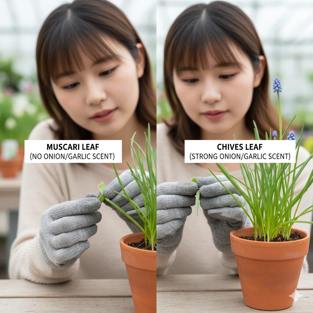 ムスカリ 増えすぎ　ムスカリの葉にはニラ特有の臭いがないことを確認する誤食防止のスニッフィングテスト