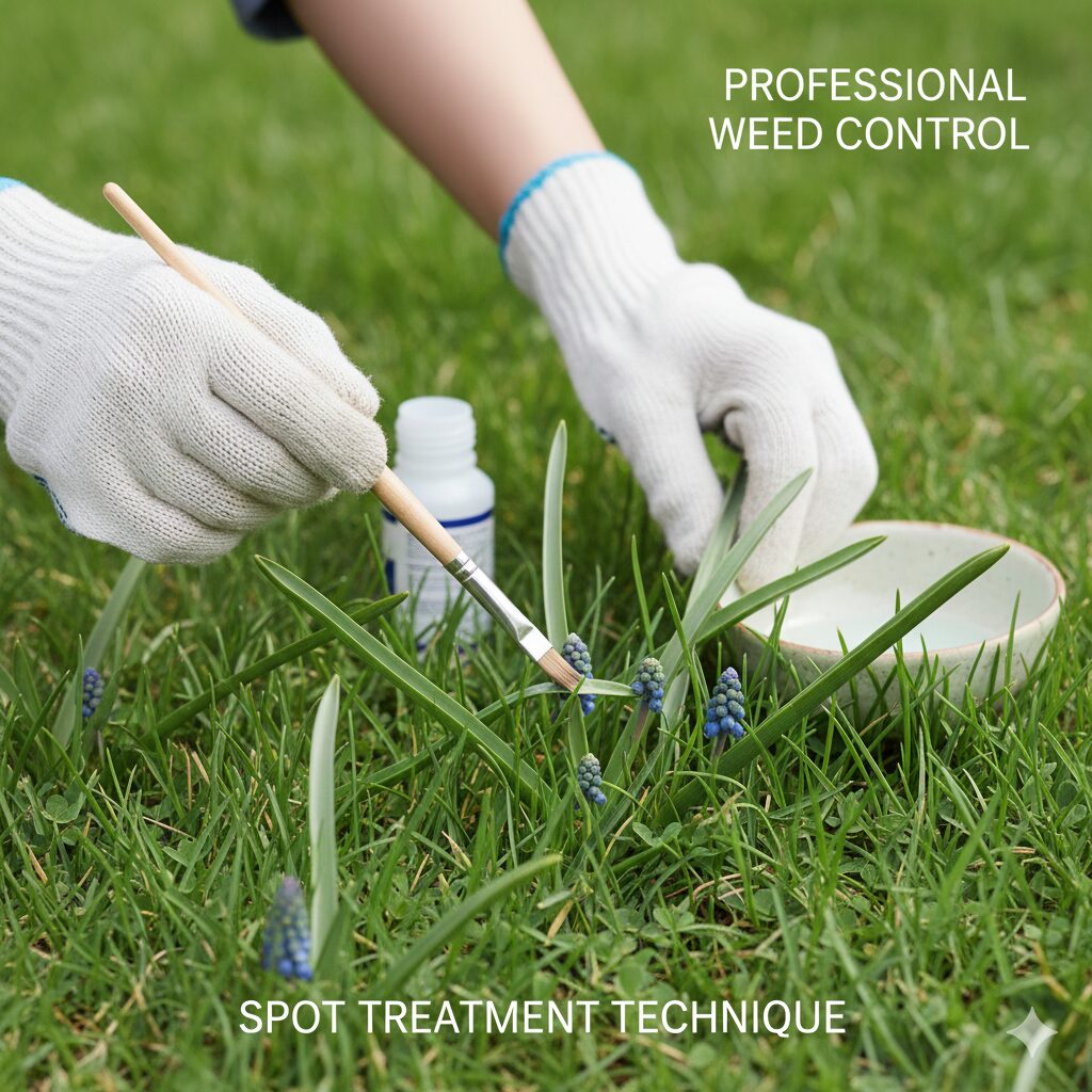 ムスカリ 増えすぎ　芝生を枯らさないよう筆を使ってムスカリの葉だけに除草剤を塗布する駆除方法