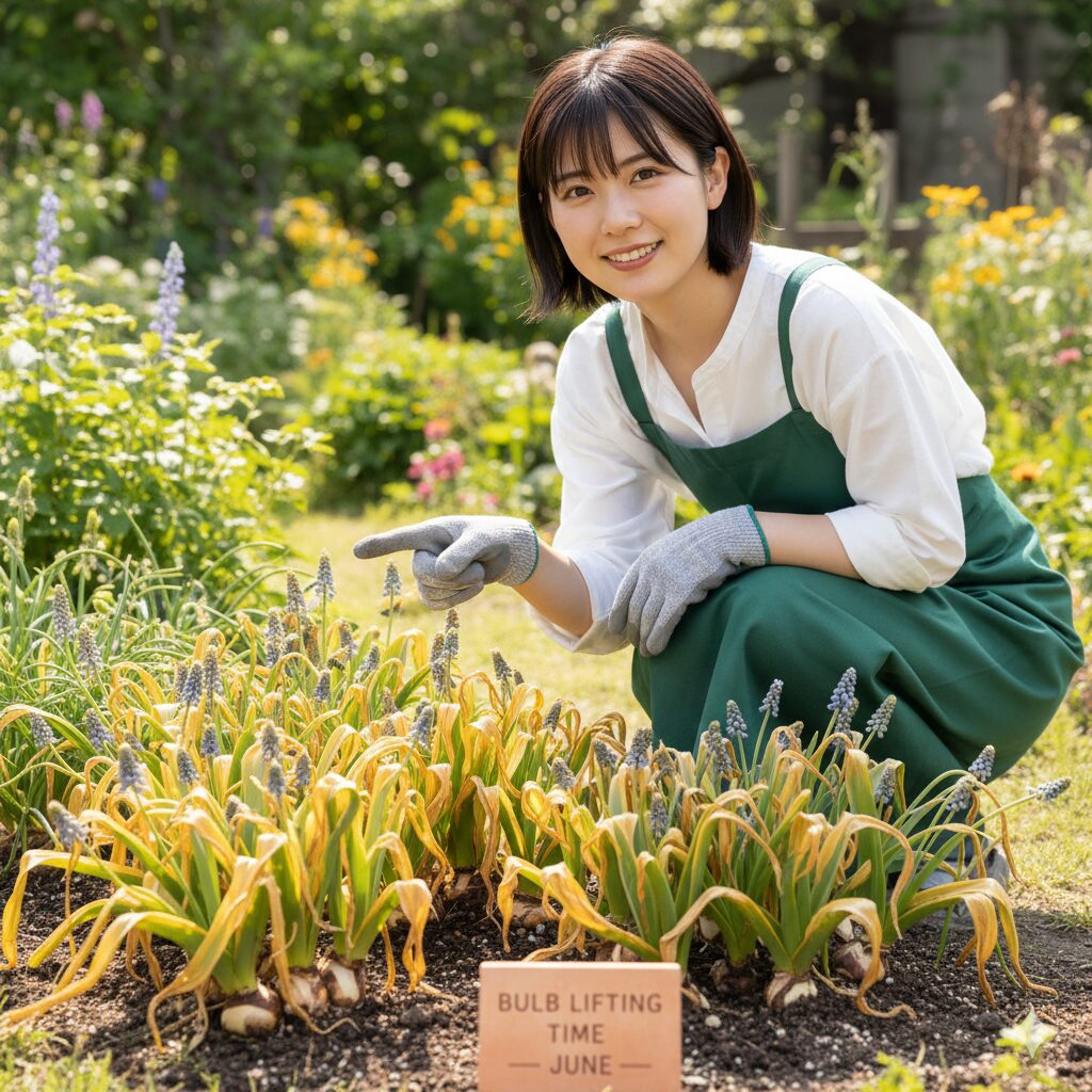 ムスカリ 増えすぎ　掘り上げの最適時期を示す葉の3分の2が黄色く枯れた状態のムスカリ