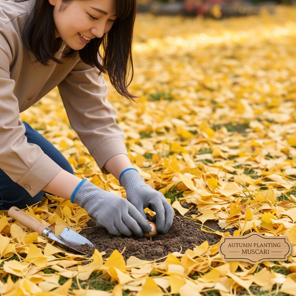 ムスカリ 植える時期　　温暖地におけるムスカリの植え付け適期の目安となる、イチョウの葉が散る晩秋の庭作業風景