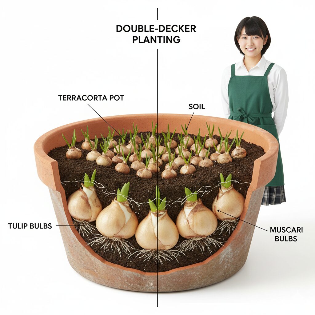 ムスカリ 植える時期　寄せ植えテクニック：下段にチューリップ、上段にムスカリを配置するダブルデッカー（二層植え）の断面図