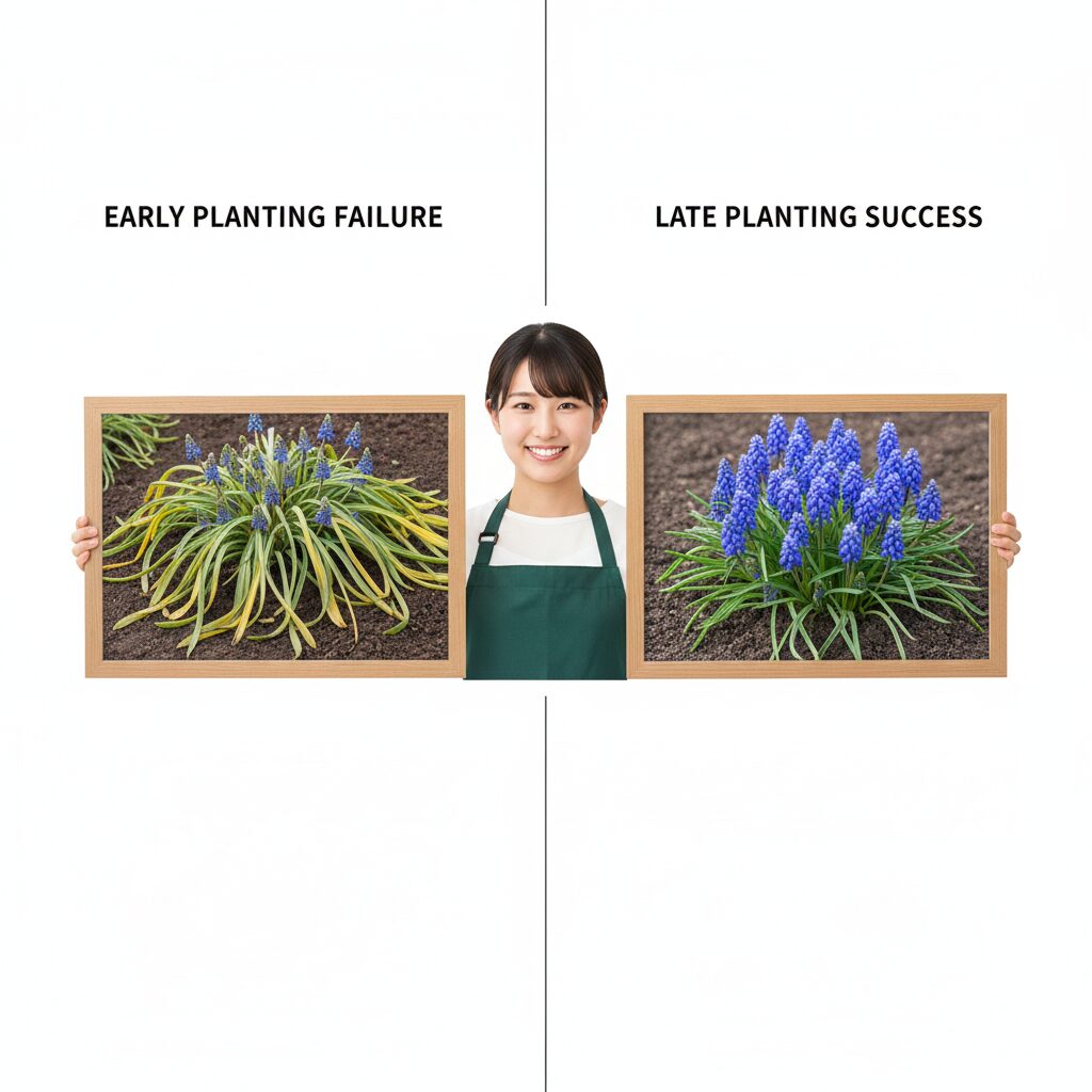 ムスカリ 植える時期　ムスカリの植え付け時期による草姿の違い：早植えで葉が徒長した失敗例と、遅植えでコンパクトに咲いた成功例の比較