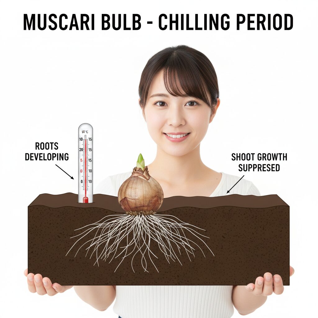 ムスカリ 植える時期　遅植えのメカニズム図解：地温10〜15℃以下で根は成長しつつ葉の伸びが抑制される様子