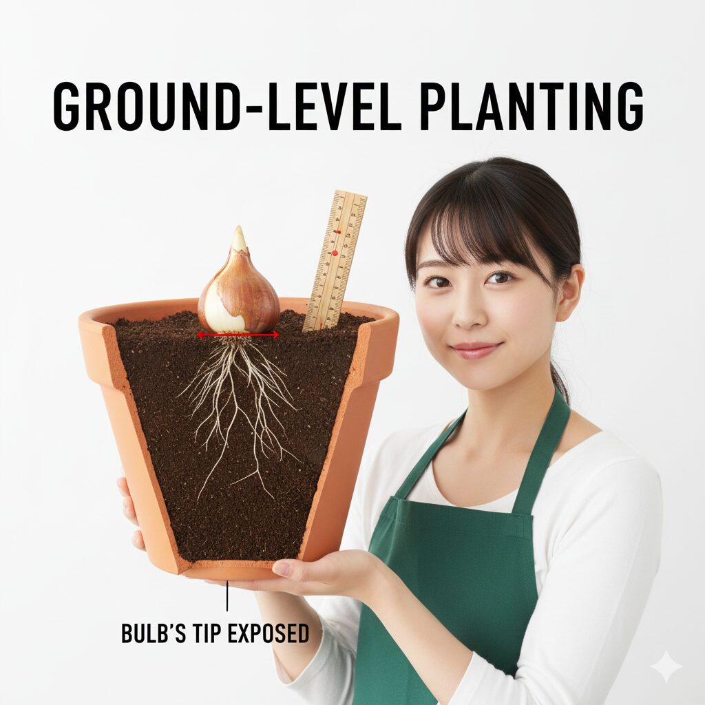 ムスカリ 葉の徒長を防ぐ鉢植えテクニック：球根の頭を少し露出させる浅植え（グラウンドレベル植え）の図解