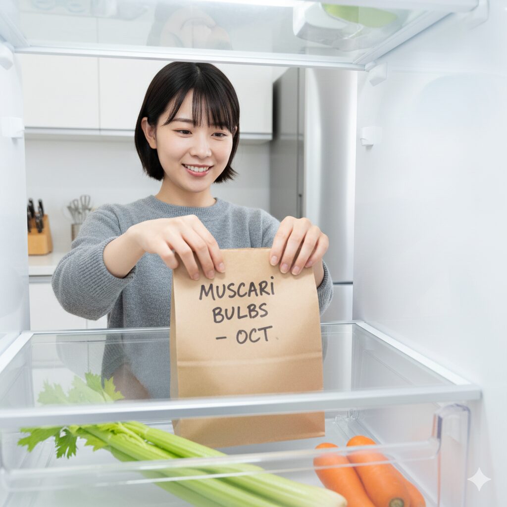 ムスカリ 植える時期　水耕栽培や暖地での開花を確実にするための、冷蔵庫の野菜室を使ったムスカリ球根の冷蔵処理方法