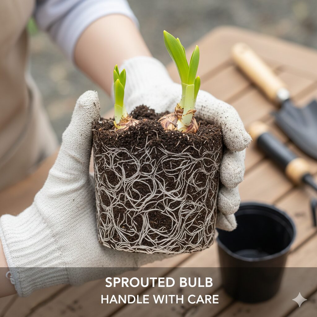 ムスカリ 植える時期　芽出し球根の正しい植え方：根を傷めないよう根鉢を崩さずにポットから取り出した様子