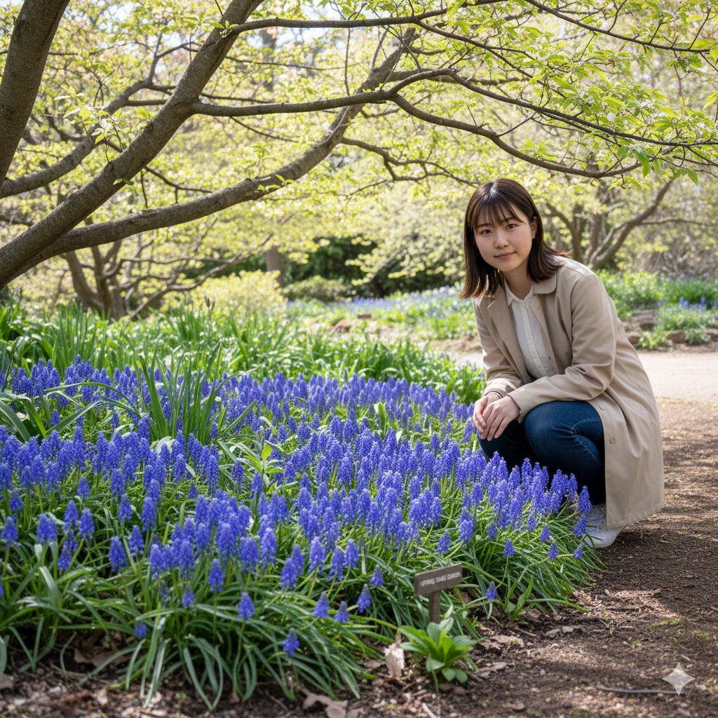 ムスカリ 植える時期　植えっぱなしに最適な環境：夏は日陰になり乾燥する落葉樹の株元で咲くムスカリの群生