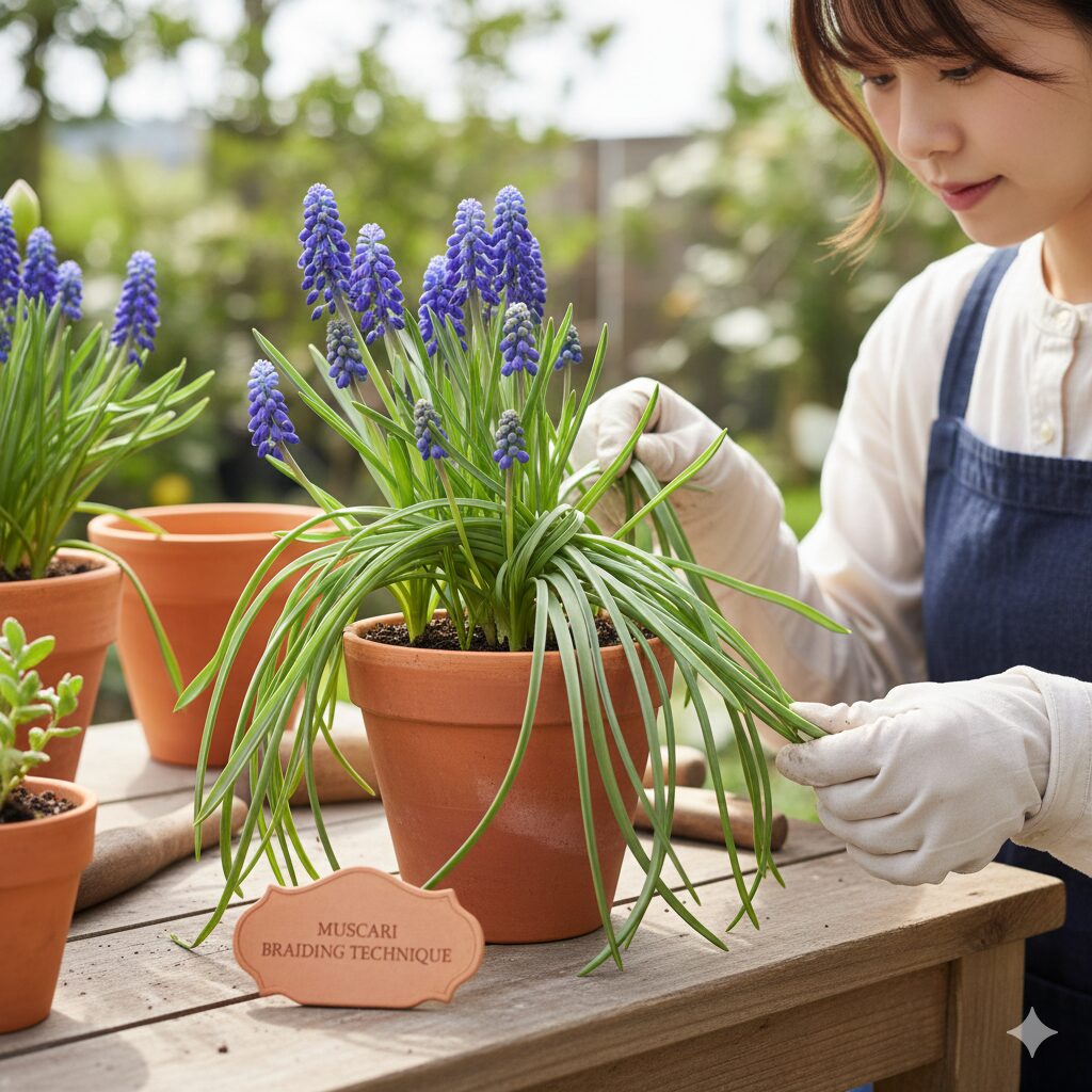 ムスカリ 育てかた　伸びすぎたムスカリの葉を三つ編みにして見た目を整える園芸テクニック