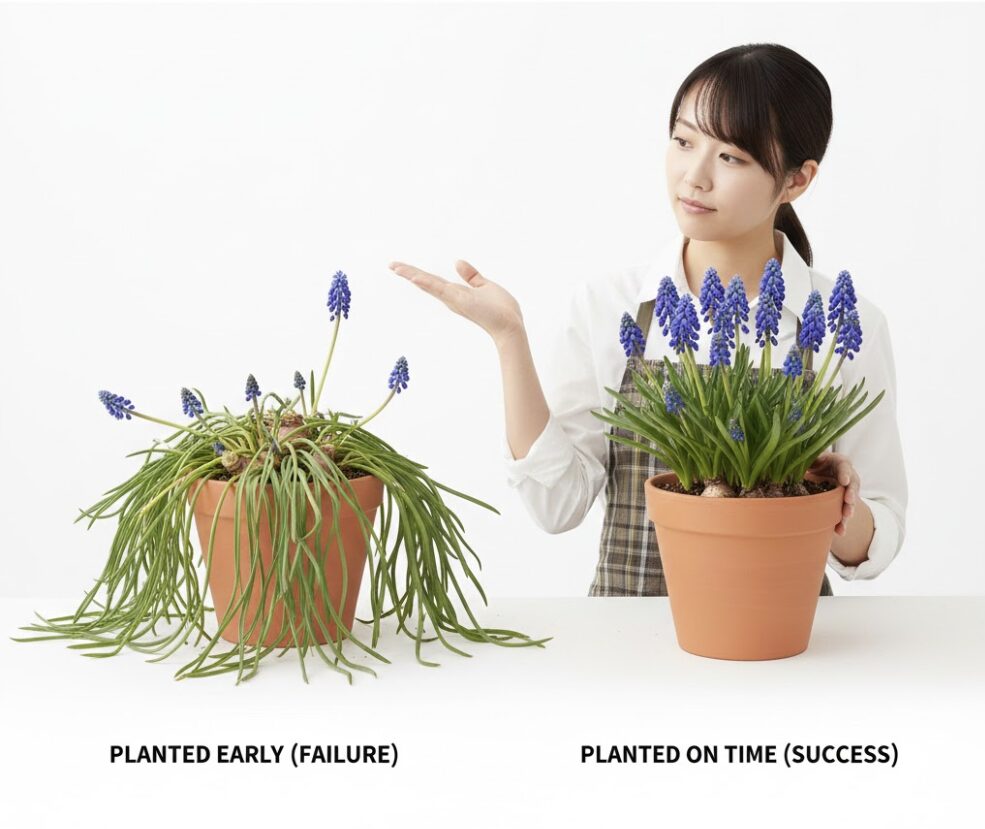 ムスカリ 育てかた　ムスカリの早植えによる葉の徒長（わかめ状態）と適期植えの成功例の比較